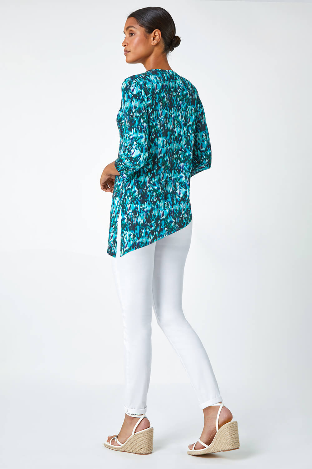 Turquoise Abstract Print Asymmetric Stretch Top, Image 3 of 5