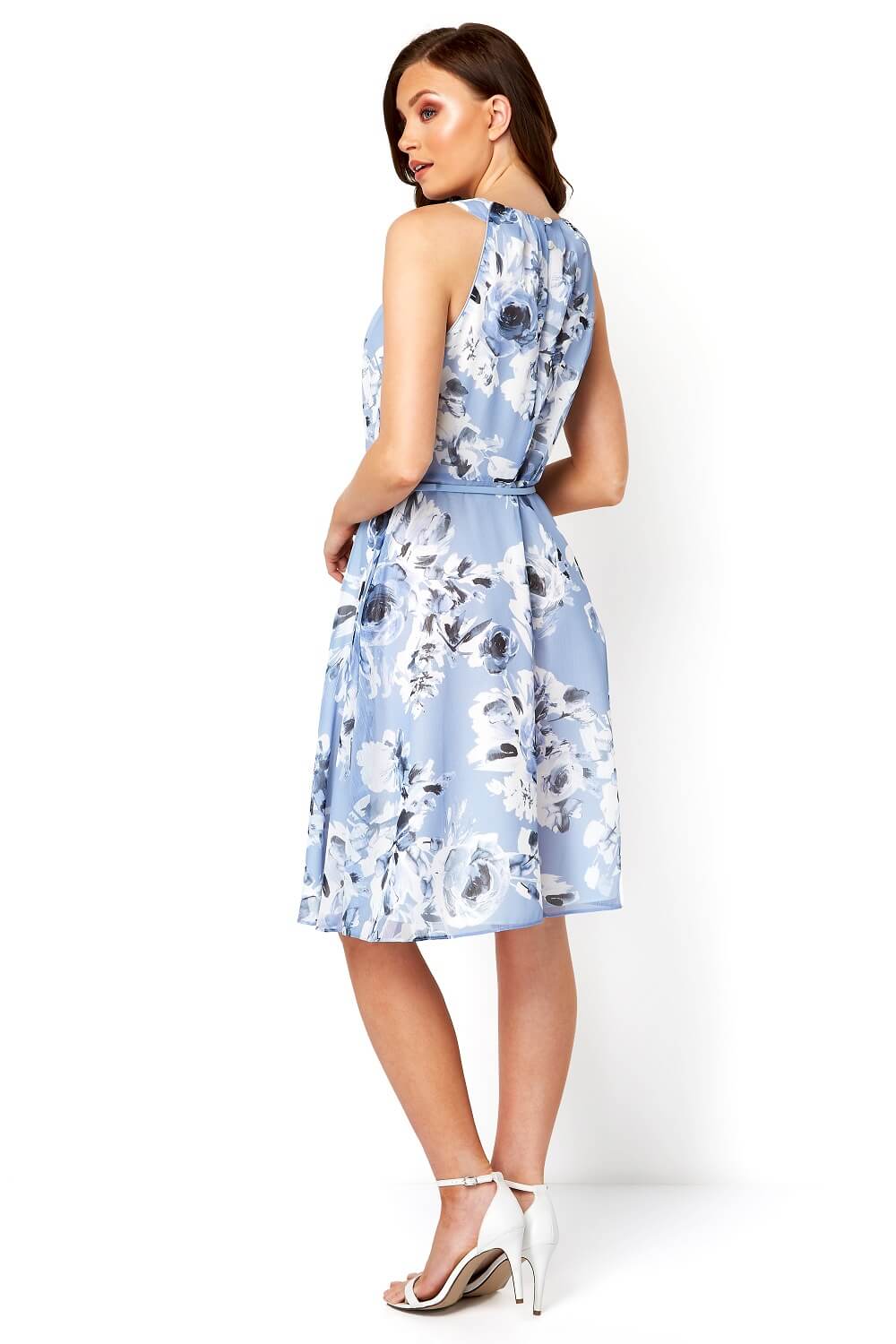 Blue Floral Fit and Flare Dress with Belt, Image 3 of 4