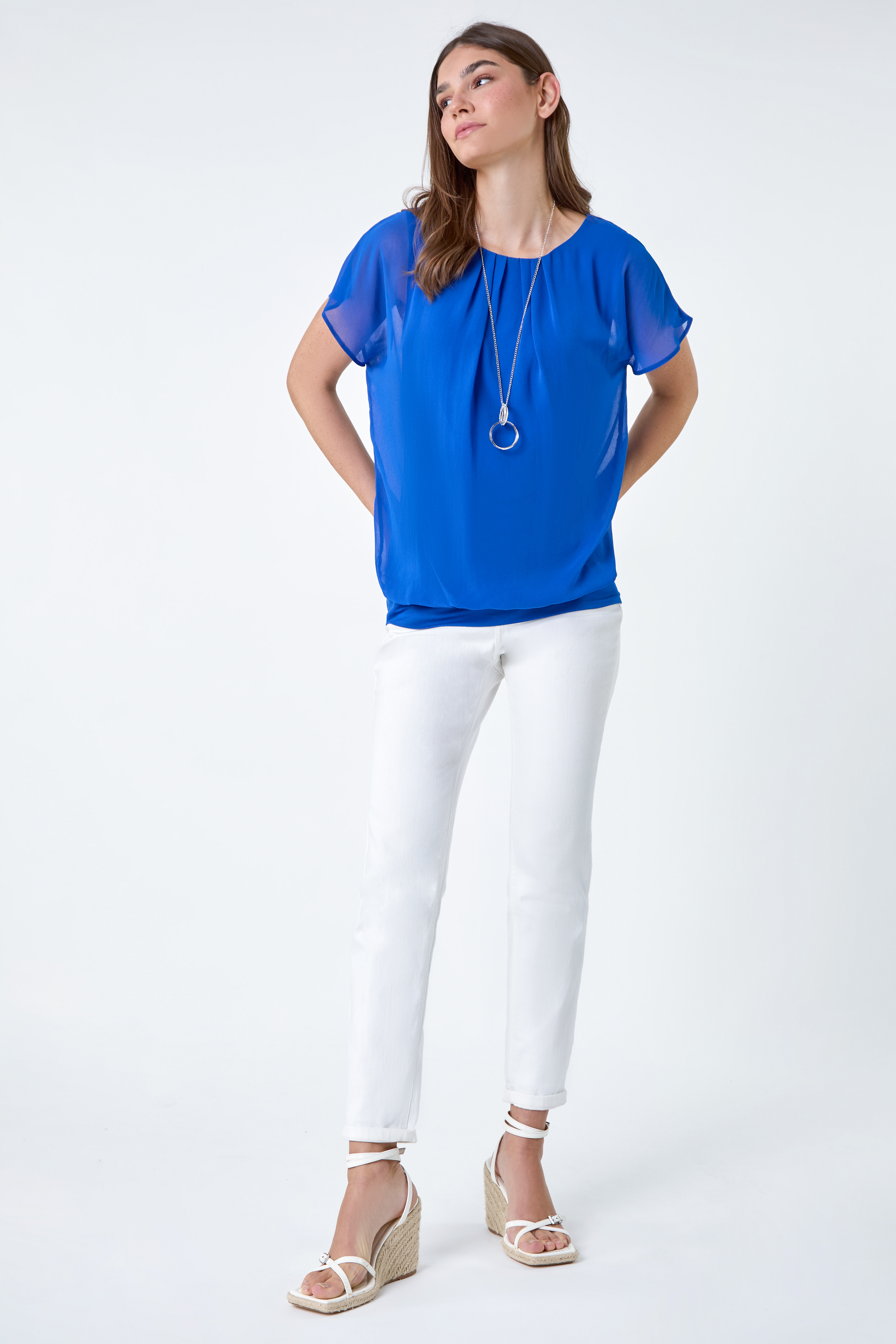 Royal Blue Chiffon Jersey Blouson Top with Necklace, Image 4 of 5