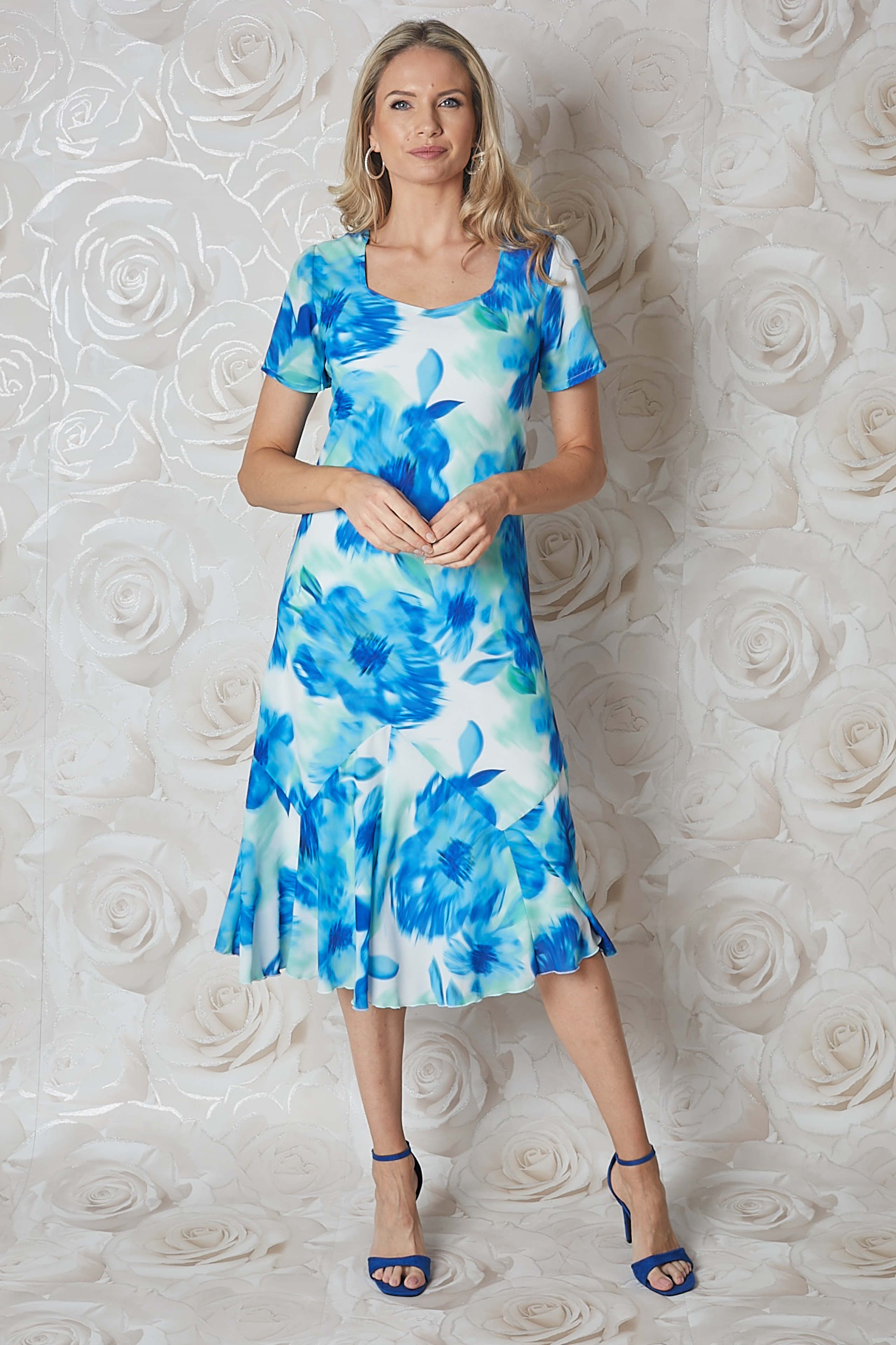 Turquoise Julianna Floral Bias Cut Midi Dress, Image 3 of 4