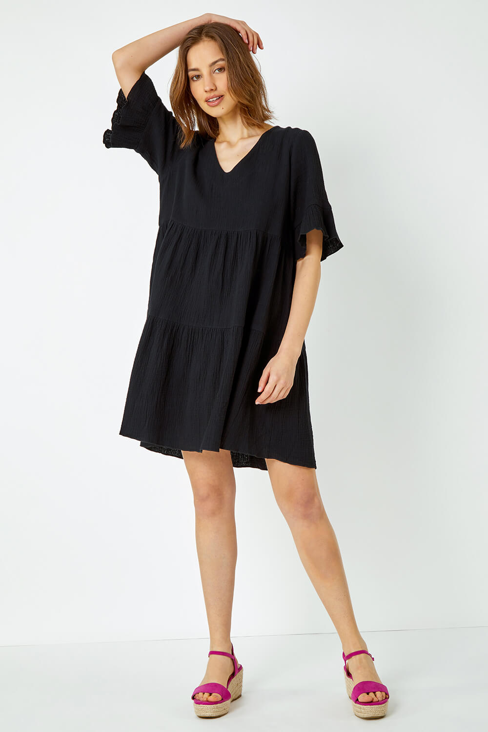 Black Textured Tiered Cotton Smock Dress, Image 2 of 5