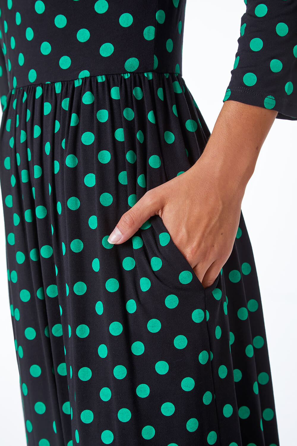 Green Spot Print Gathered Midi Stretch Dress, Image 4 of 5