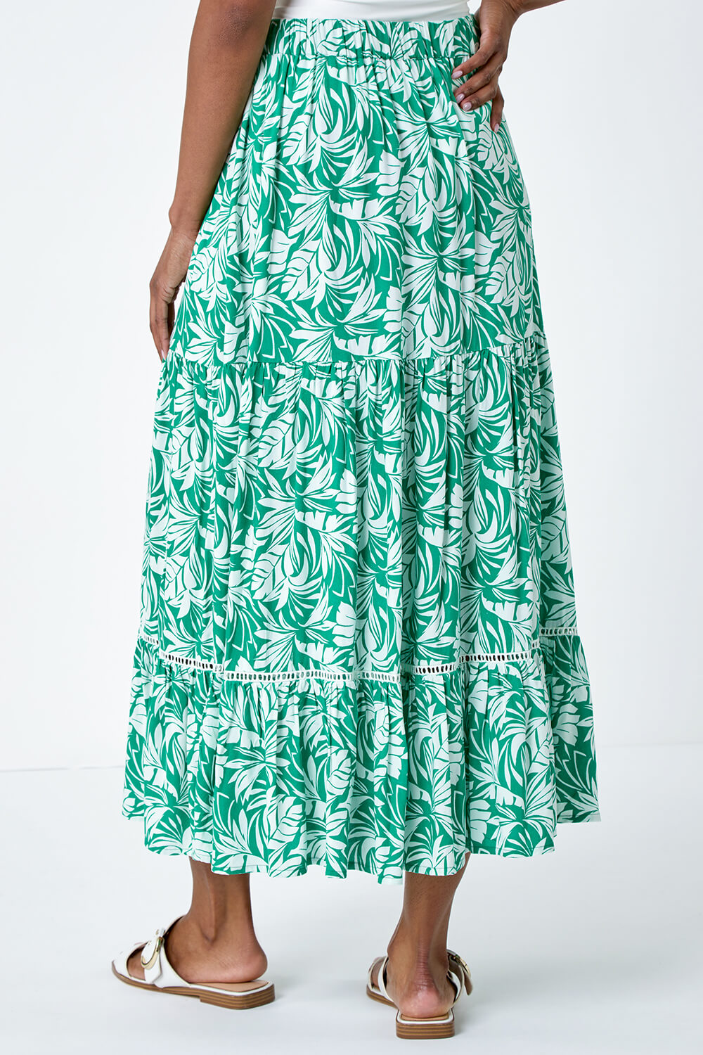 Green Floral Tassel Tie A Line Tiered Midi Skirt, Image 3 of 5