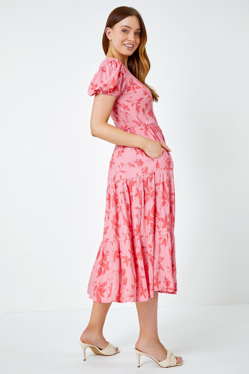 PINK Floral Shirred Waist Tiered Midi Dress, Image 4 of 6
