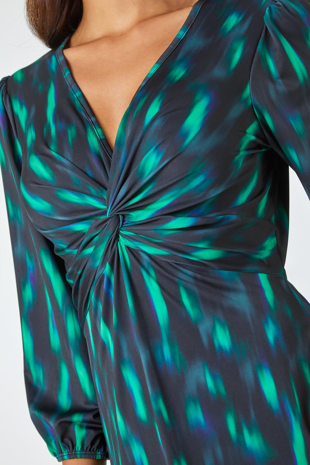 Green Abstract Twist Front Midi Stretch Dress, Image 5 of 5
