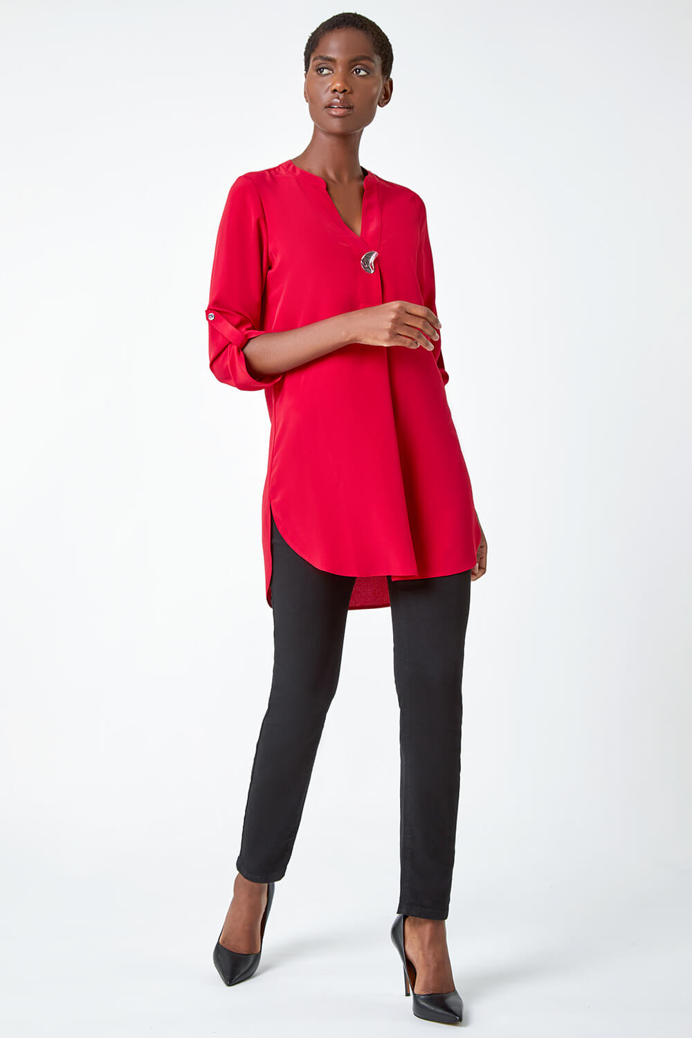 Red Longline Button Detail Blouse, Image 2 of 5