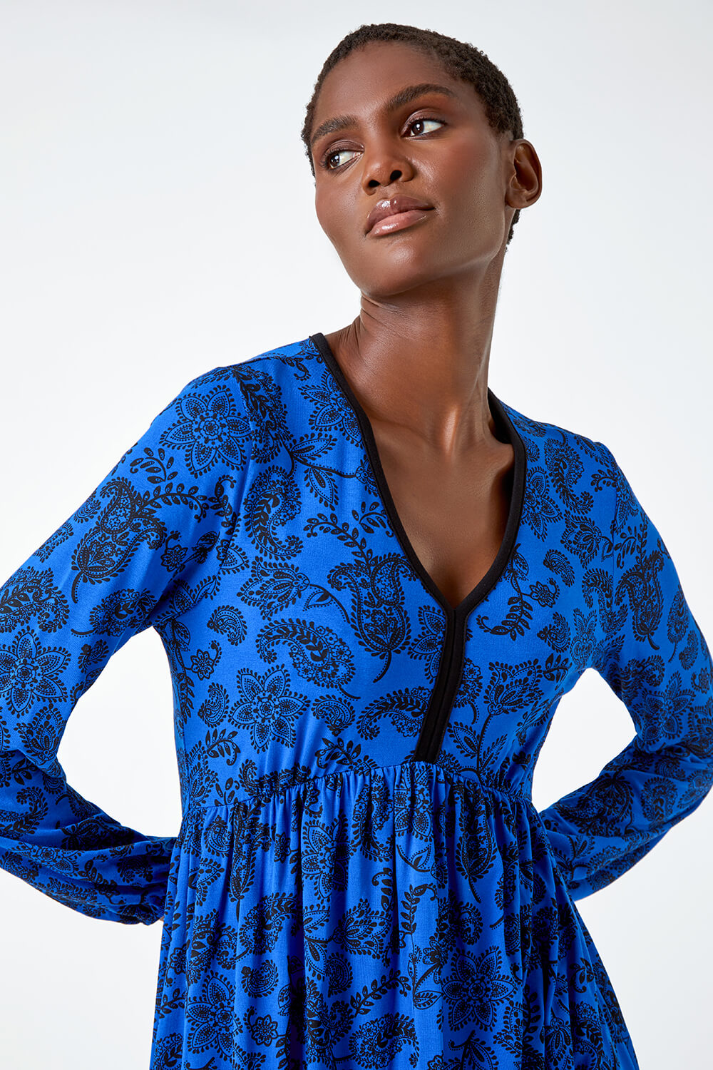 Royal Blue Floral Print Stretch Jersey Dress, Image 4 of 5