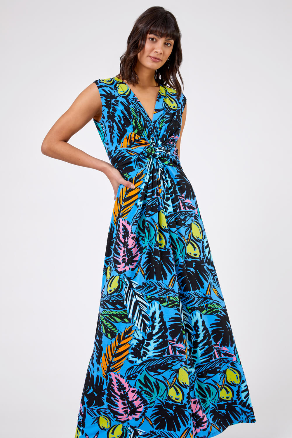 Multi Blue Palm Print Twist Waist Maxi Dress, Image 3 of 4