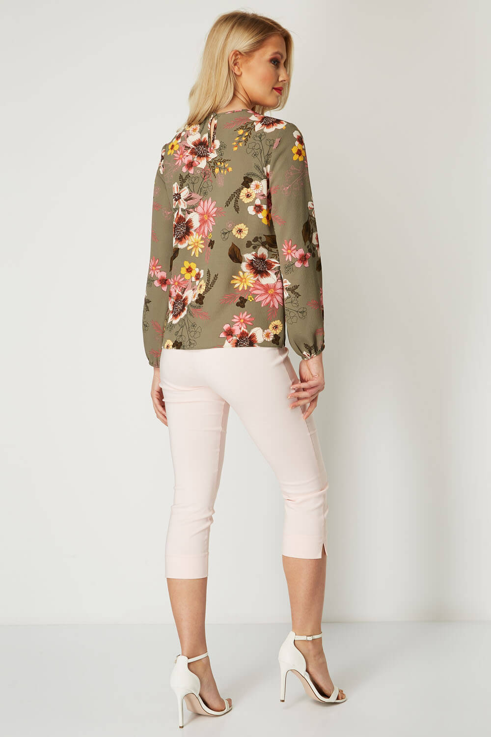 KHAKI Floral Tie Front Top, Image 3 of 8