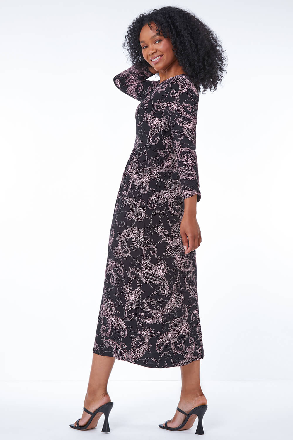 Black Petite Paisley Print Midi Dress, Image 3 of 5