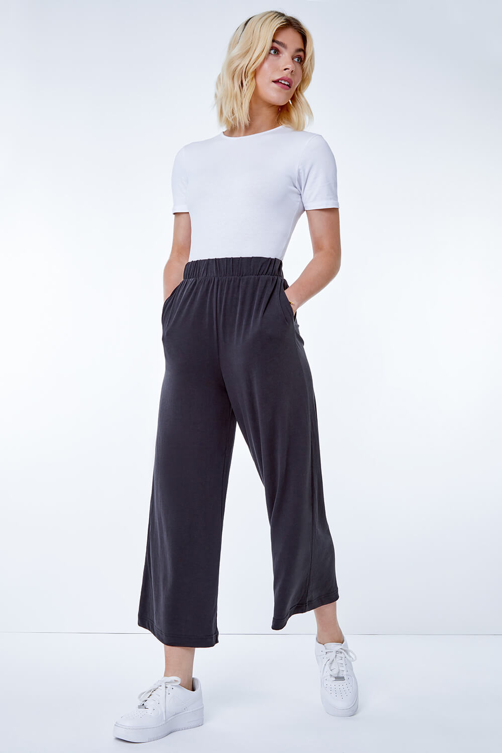 Black Plain Jersey Culotte Trousers, Image 2 of 5