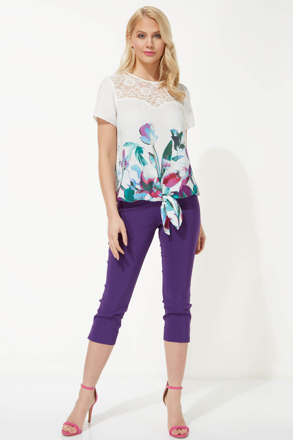 Multi  Floral Border Print Tie Front Top, Image 2 of 8
