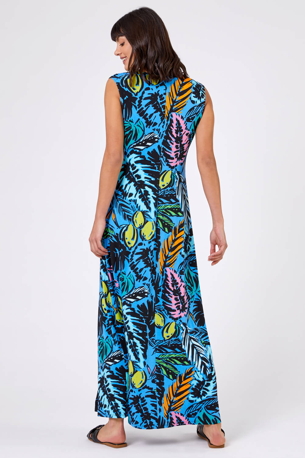 Multi Blue Palm Print Twist Waist Maxi Dress, Image 2 of 4