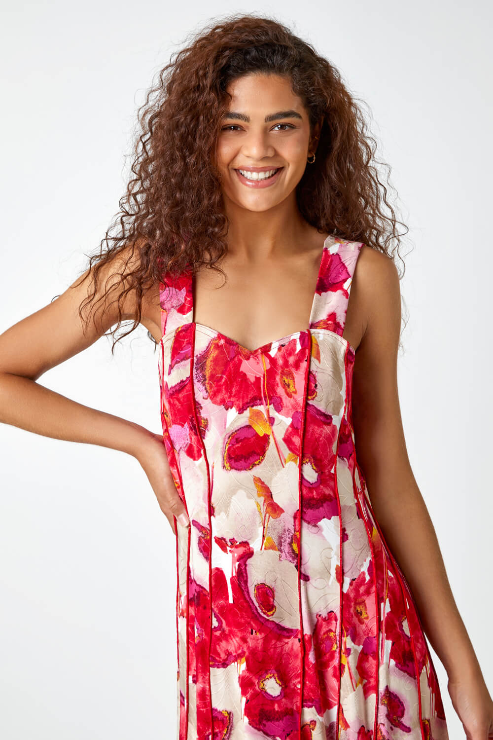 Red Floral Printed Panel Dress, Image 4 of 6