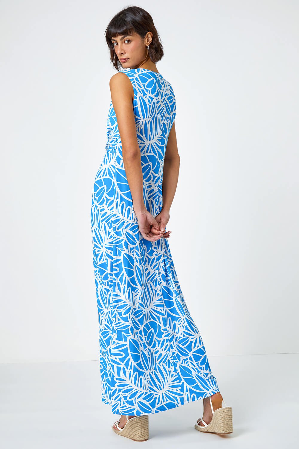 Blue Floral Print Twist Front Maxi Dress, Image 3 of 5