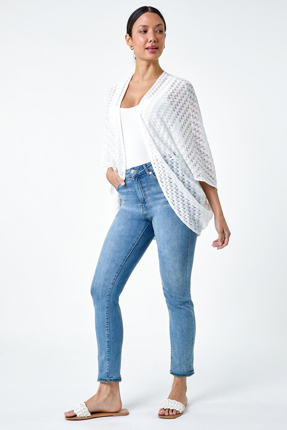 White Textured Knit Cardigan Cover Up, Image 4 of 5