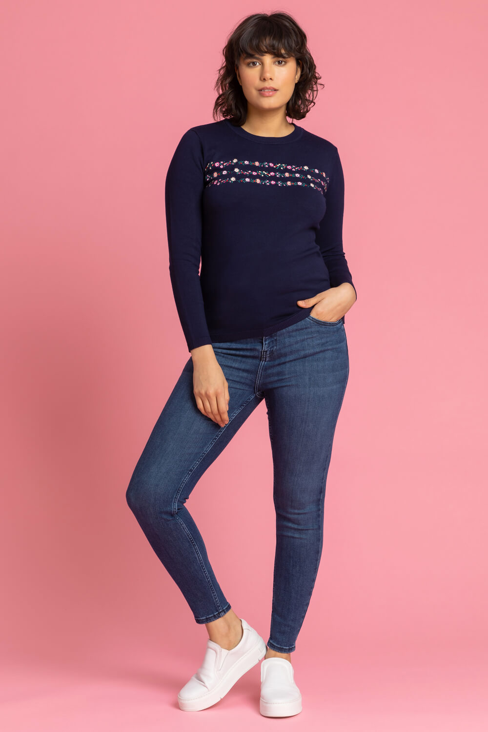 Navy  Ditsy Floral Embroidered Crew Neck Jumper, Image 3 of 5