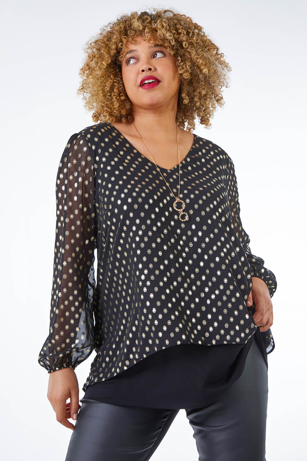 Gold Curve Metallic Spot Chiffon Necklace Top , Image 4 of 5