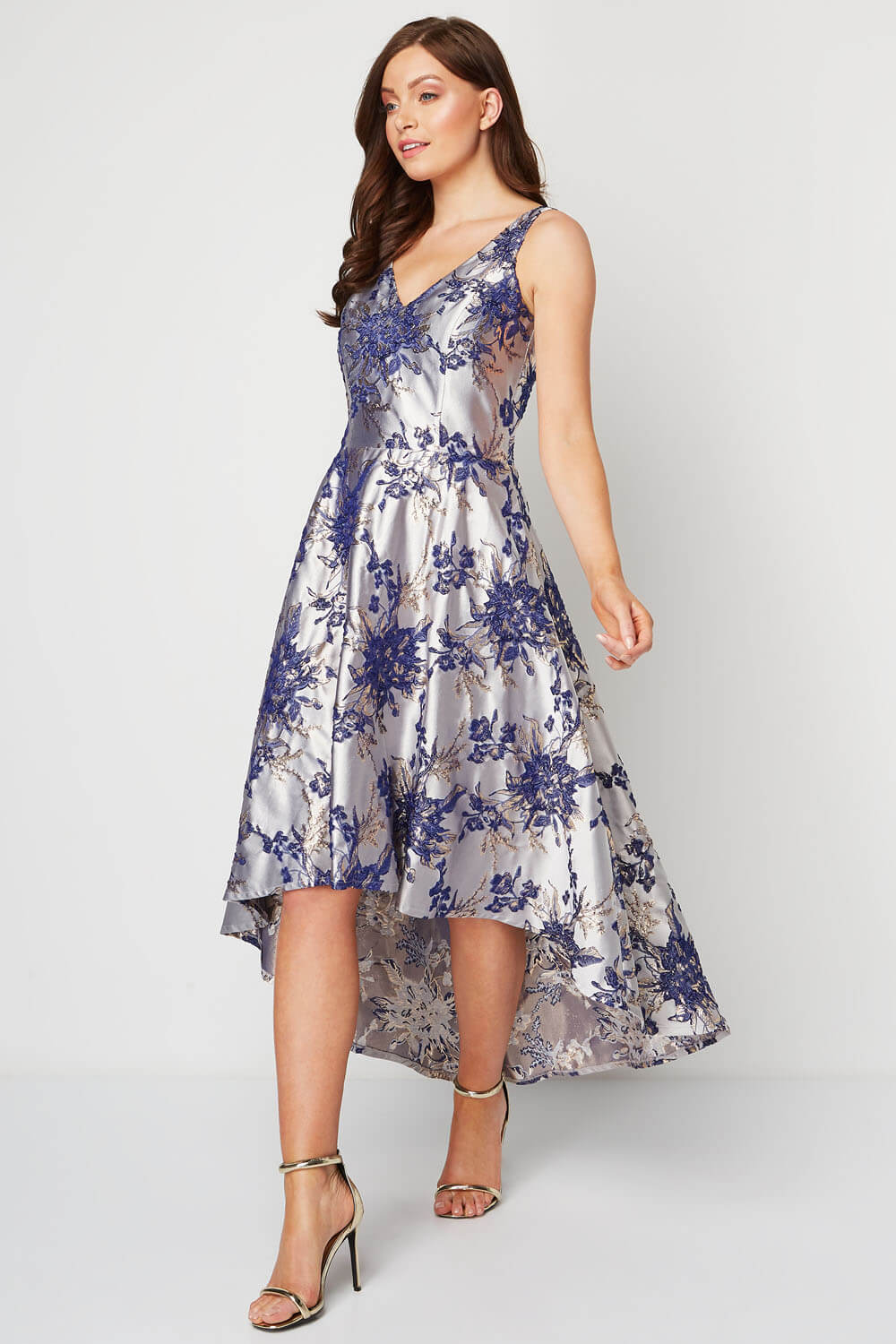Royal Blue Floral Jacquard Gown Dress, Image 2 of 5
