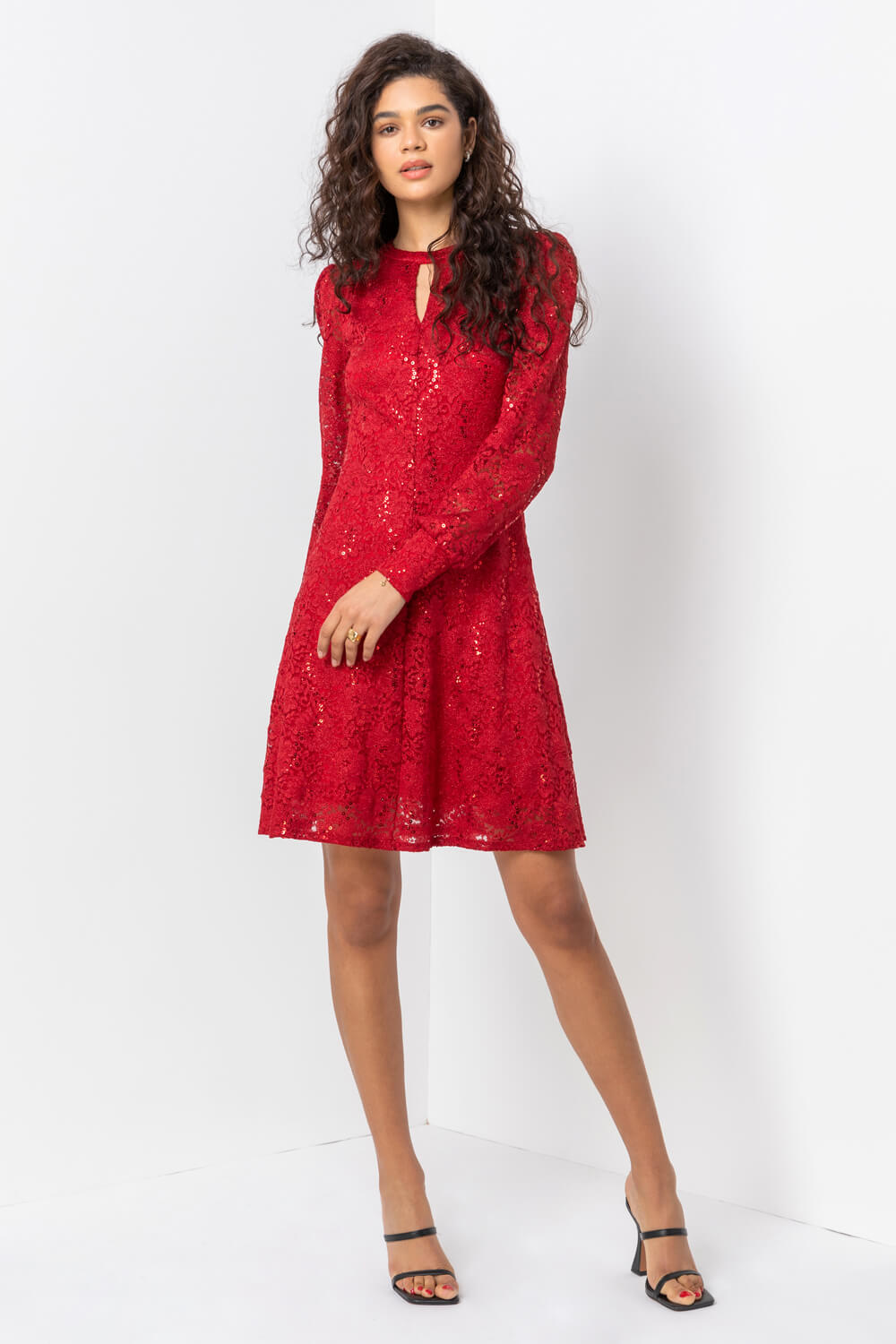Red Lace Sparkle Swing Dress, Image 3 of 5