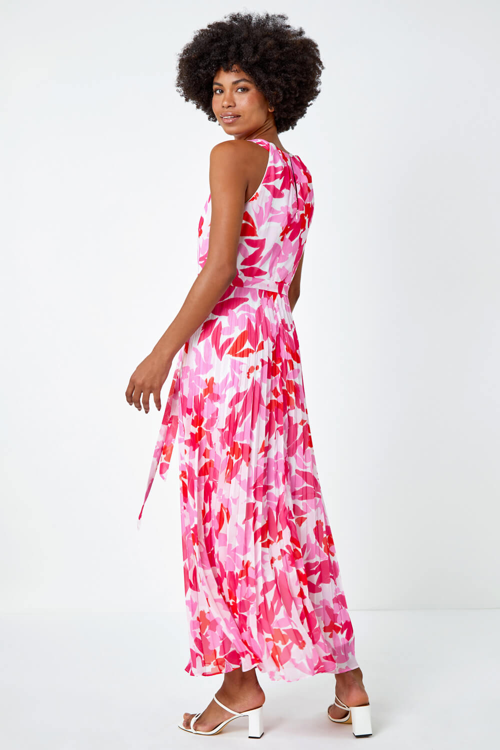 PINK Floral Pleated Halter Neck Maxi Dress, Image 3 of 5