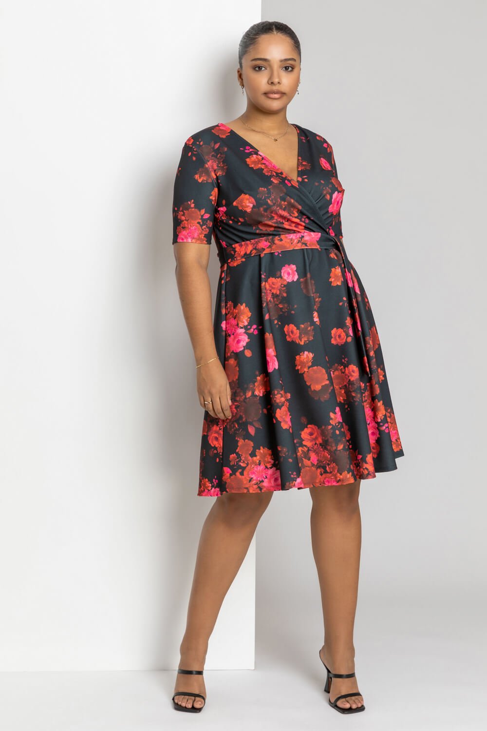 Red Curve Floral Print Wrap Dress, Image 3 of 4