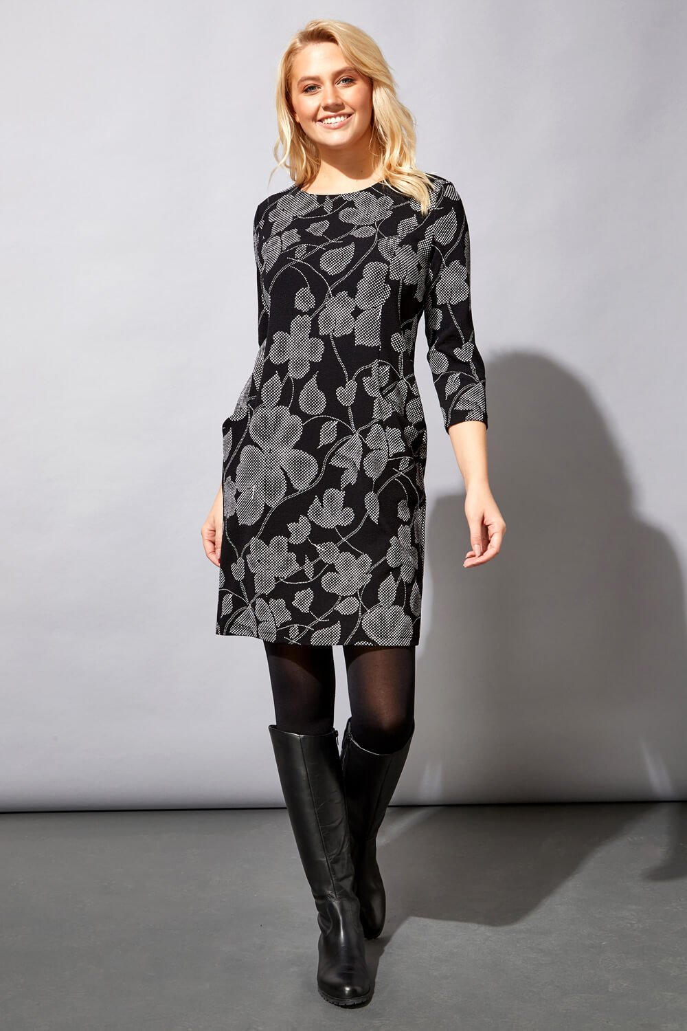 Black Textured Floral Print Pocket Dress, Image 5 of 5