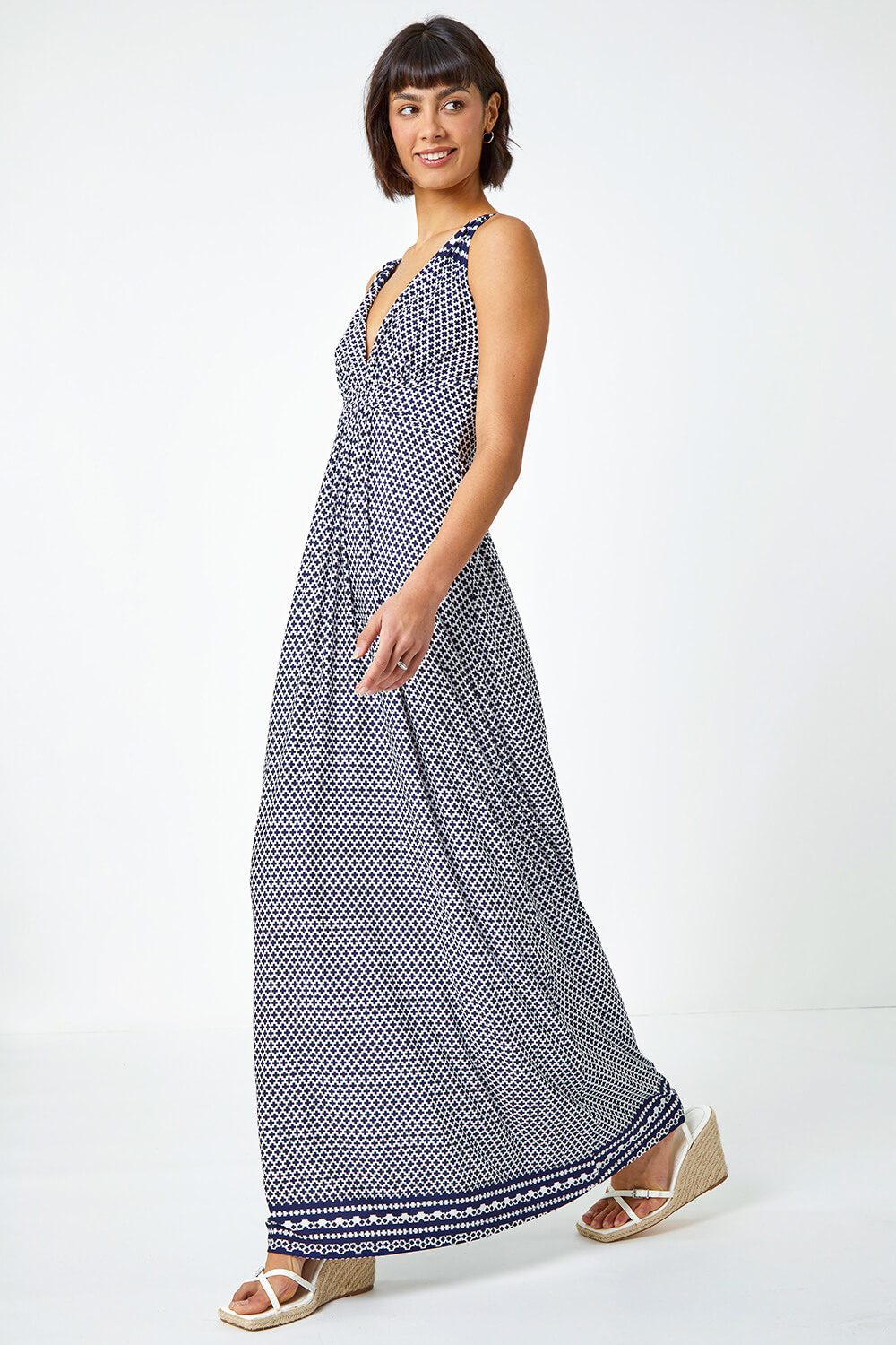 Blue Sleeveless Border Print Maxi Stretch Dress, Image 4 of 6