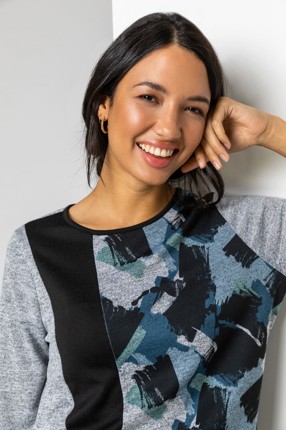 Blue Abstract Print Colourblock Top, Image 4 of 4