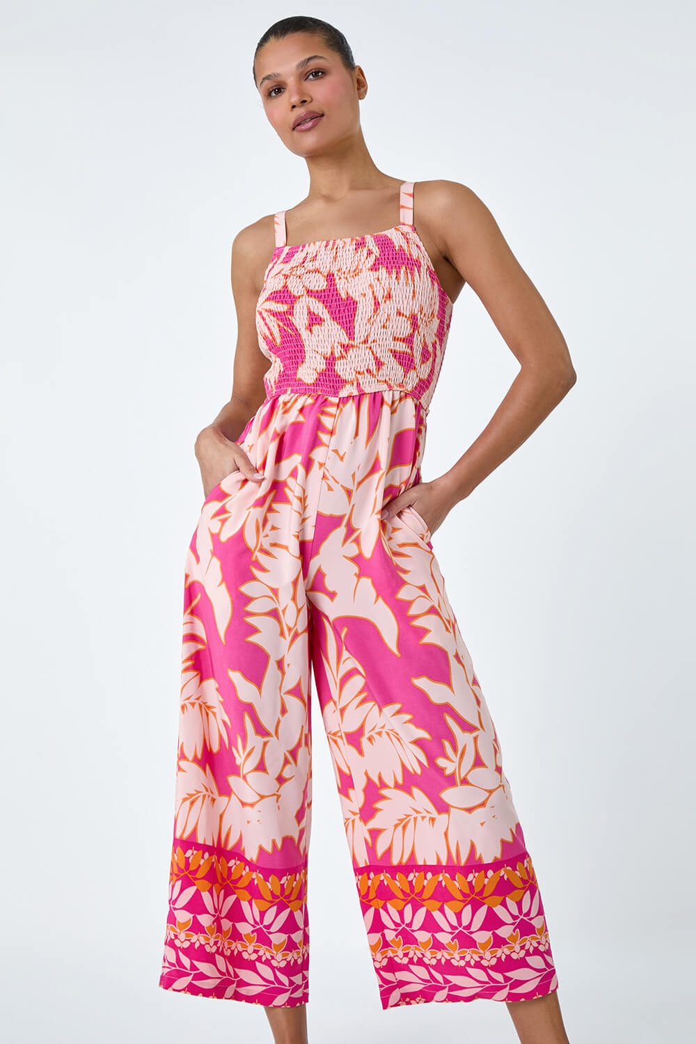 Fuchsia Floral Border Print Crop Stretch Jumpsuit, Image 4 of 5