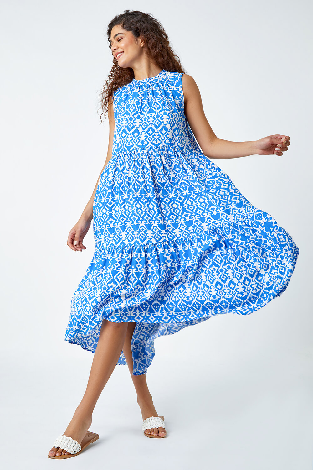Blue Aztec Tiered Smock Midi Dress, Image 3 of 5