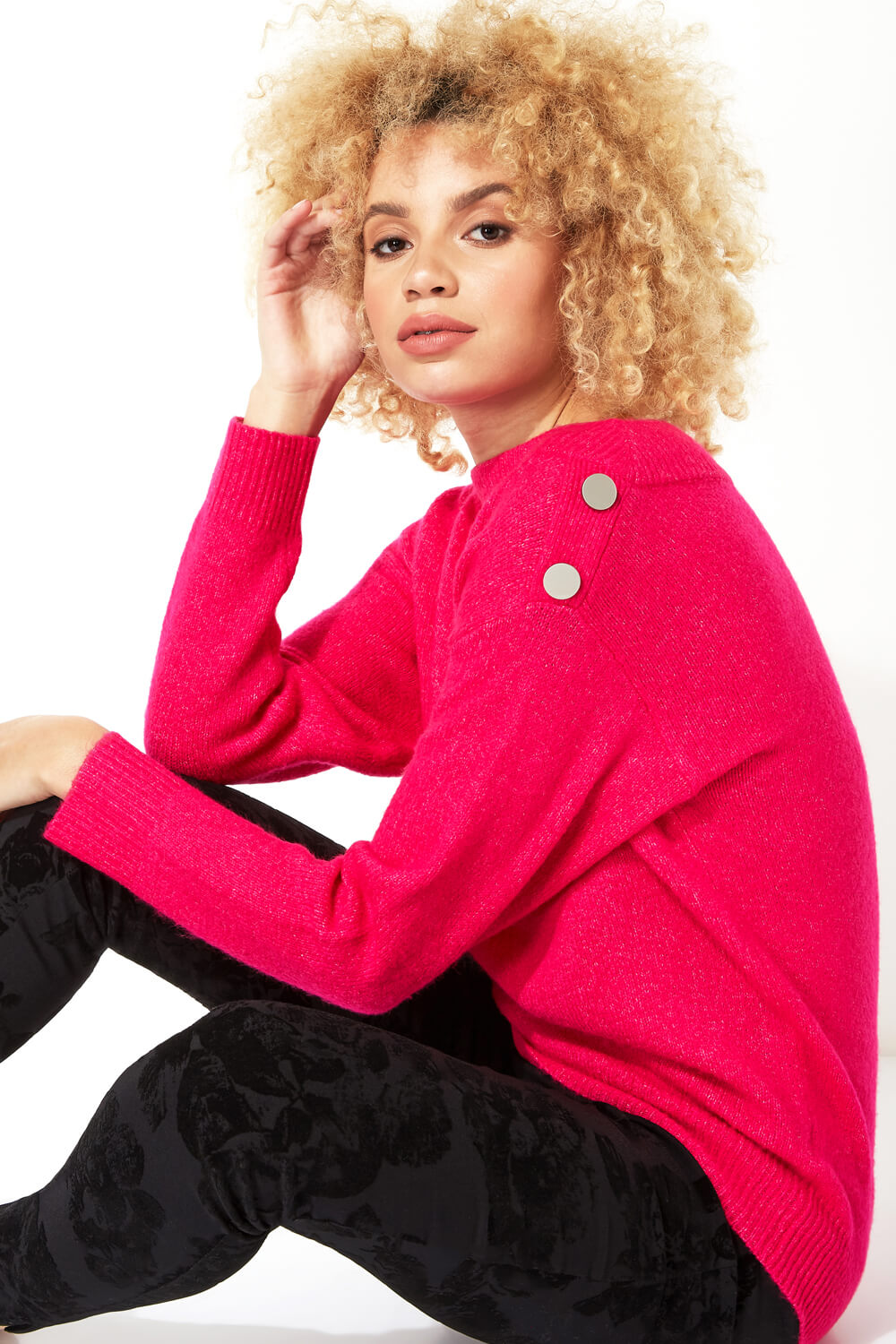 MAGENTA Button Detail Sleeve Jumper , Image 4 of 5