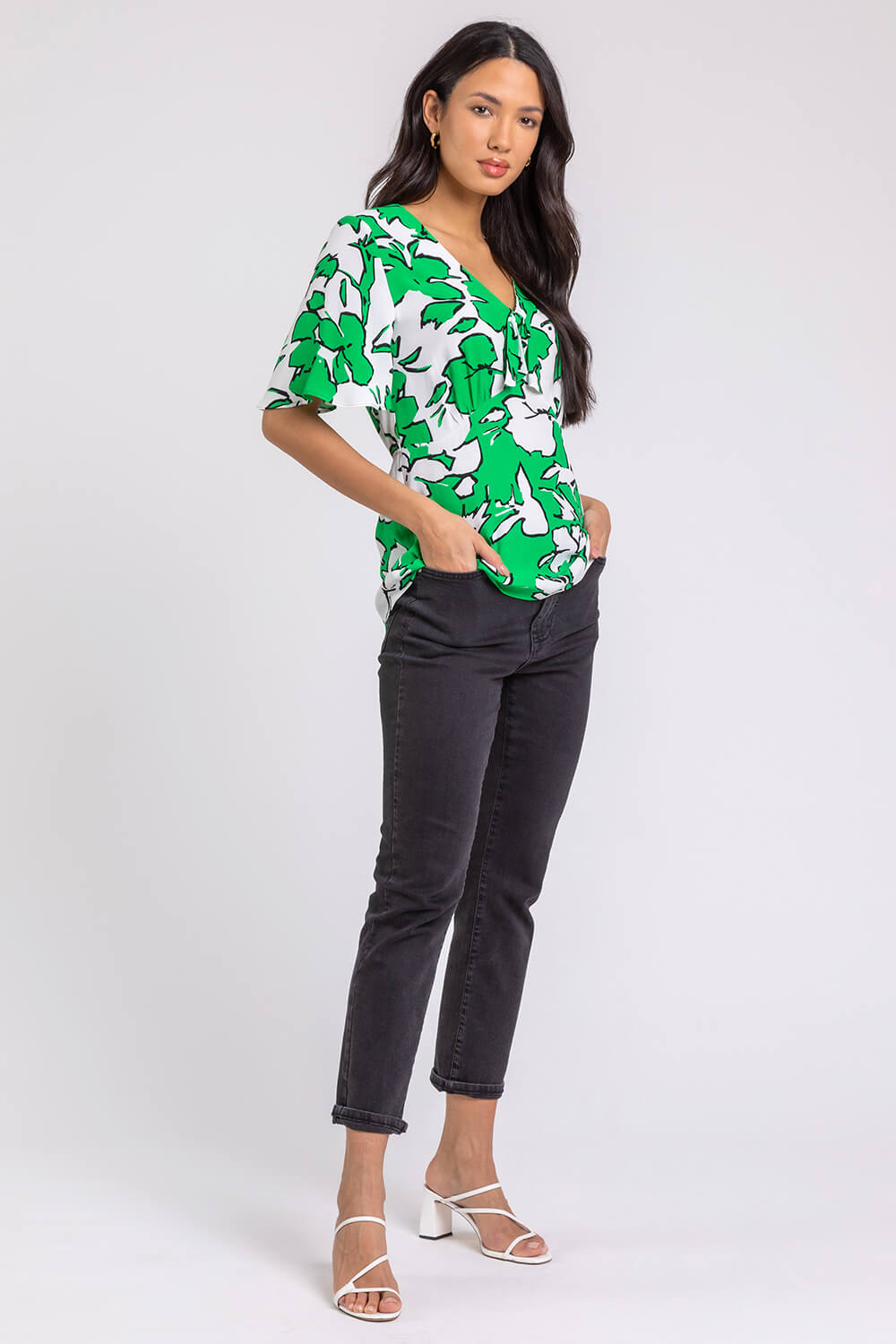 Green Contrast Floral Tie Detail Top, Image 2 of 4