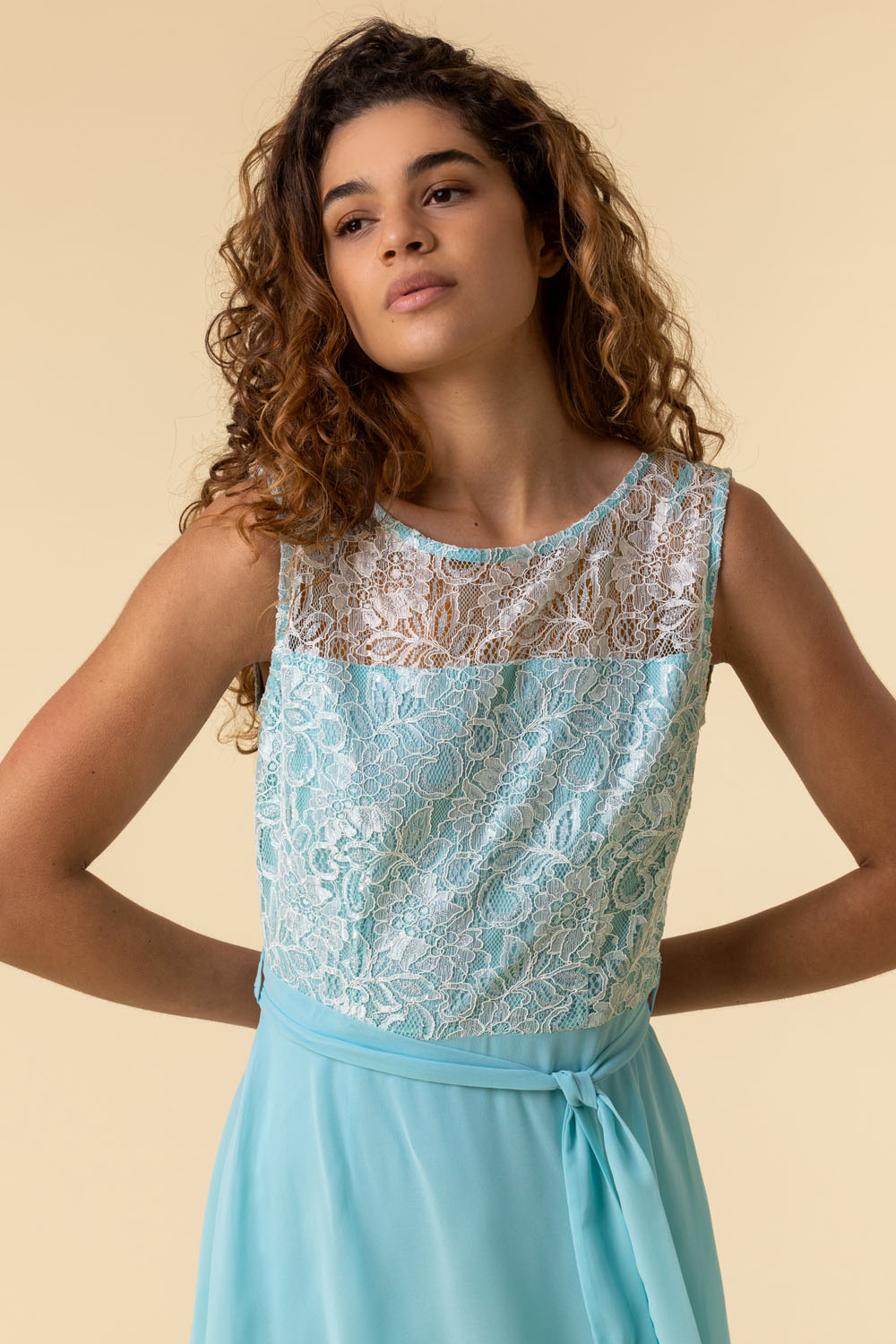 Aqua Lace Detail Fit And Flare Dress, Image 4 of 4