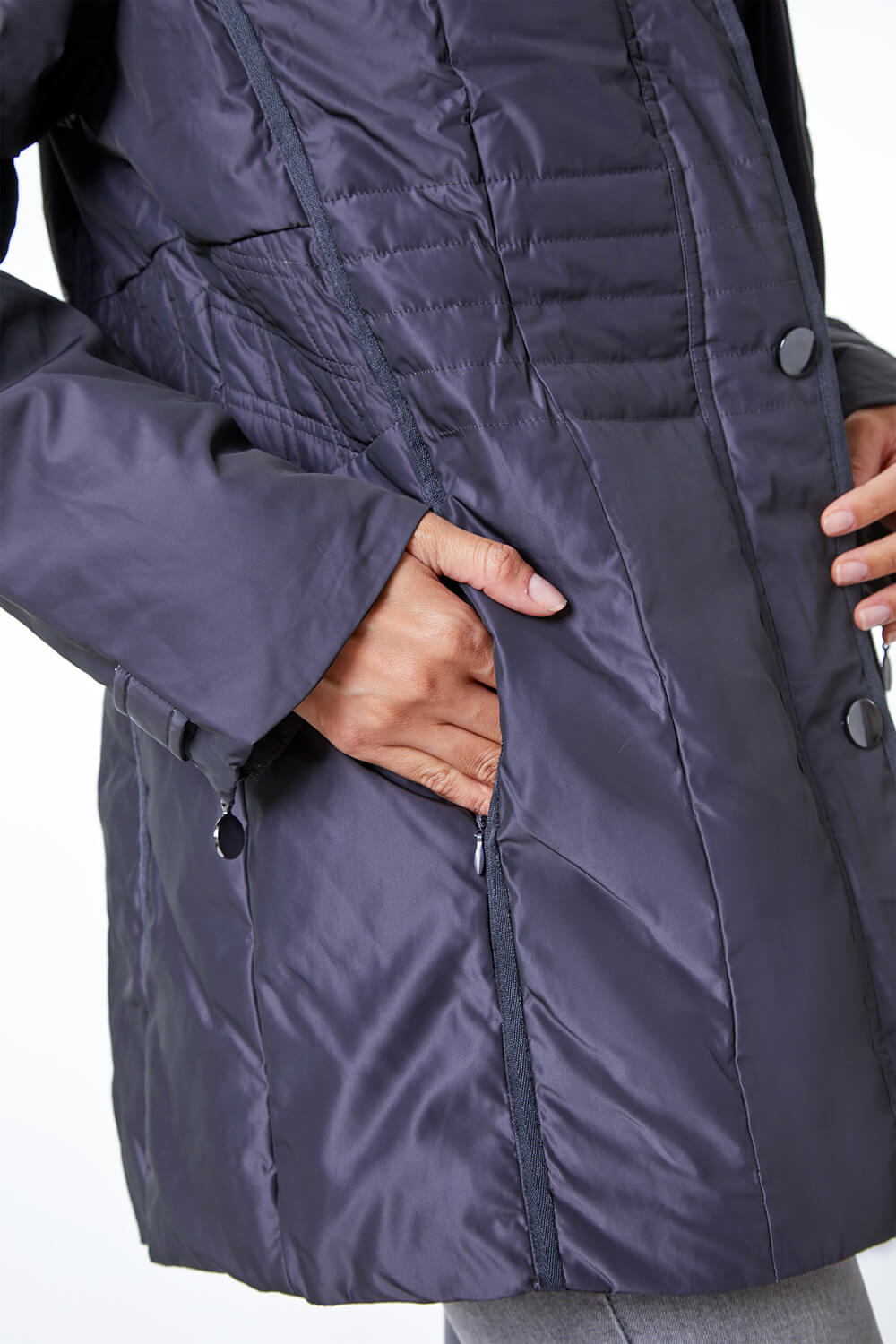 Charcoal Faux Fur Trim Hooded Coat, Image 5 of 5