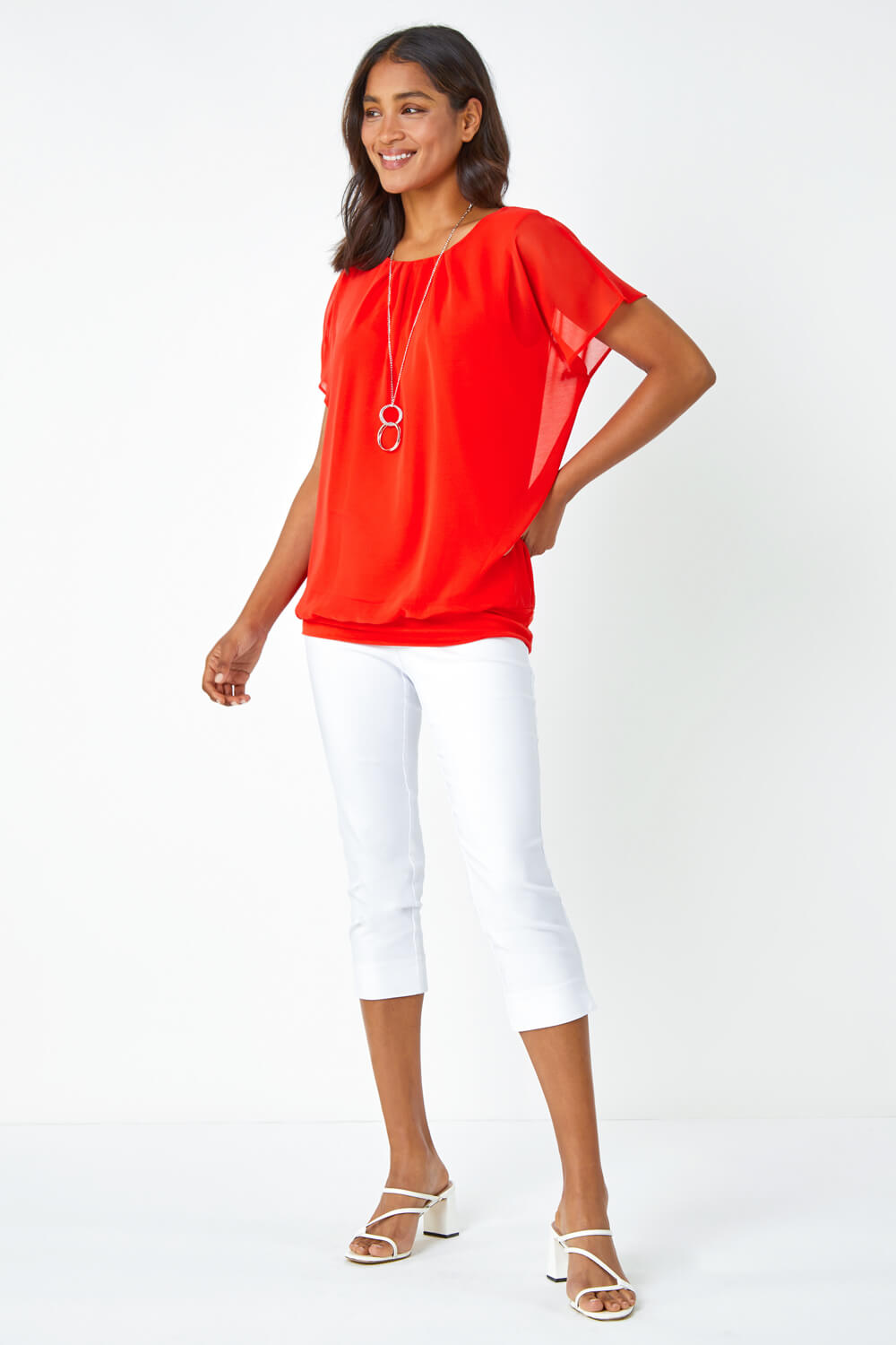 ORANGE Chiffon Jersey Blouson Top with Necklace, Image 2 of 5