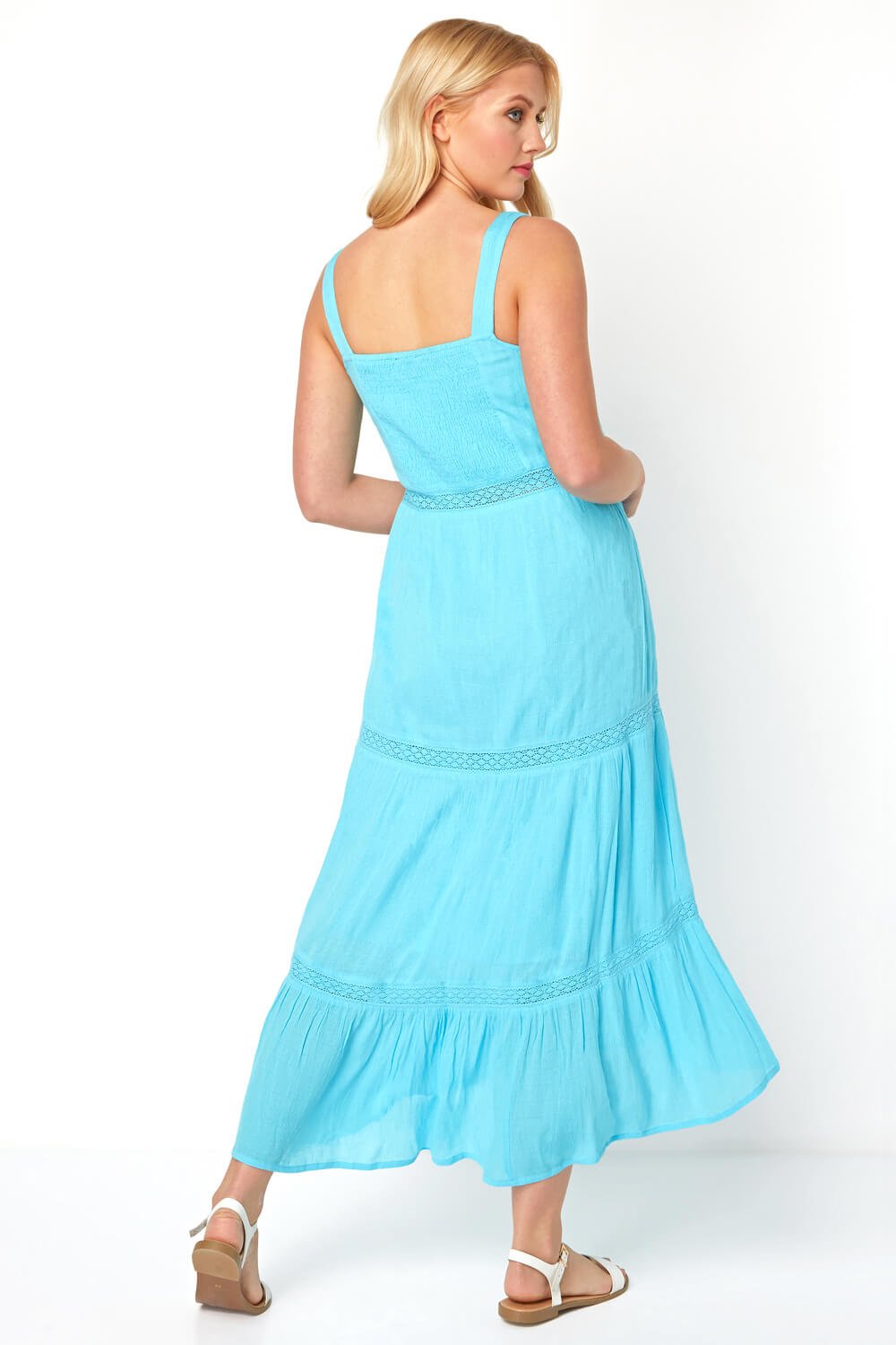 Turquoise Ladder Lace Tiered Maxi Dress, Image 2 of 4
