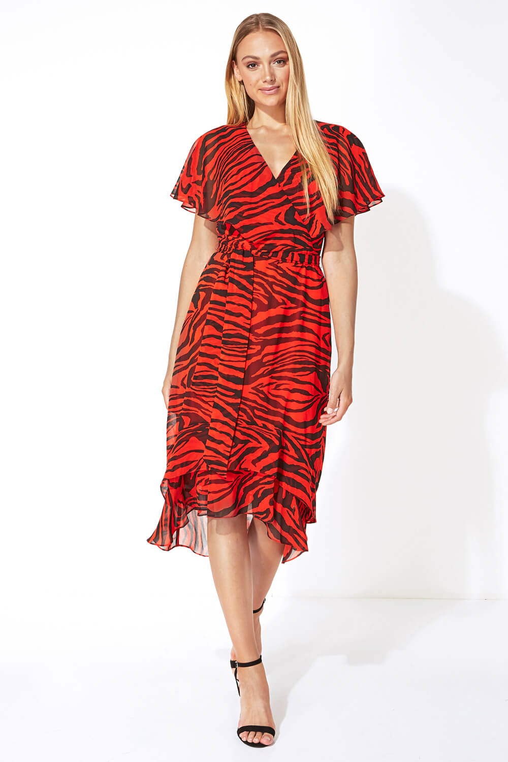 ORANGE Tiger Print Tie Waist Chiffon Midi Dress, Image 2 of 5
