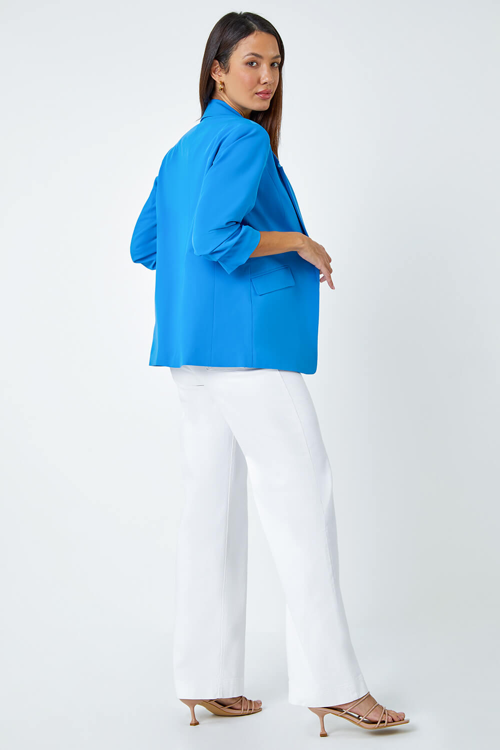Blue Ruched Sleeve Stretch Blazer , Image 3 of 4