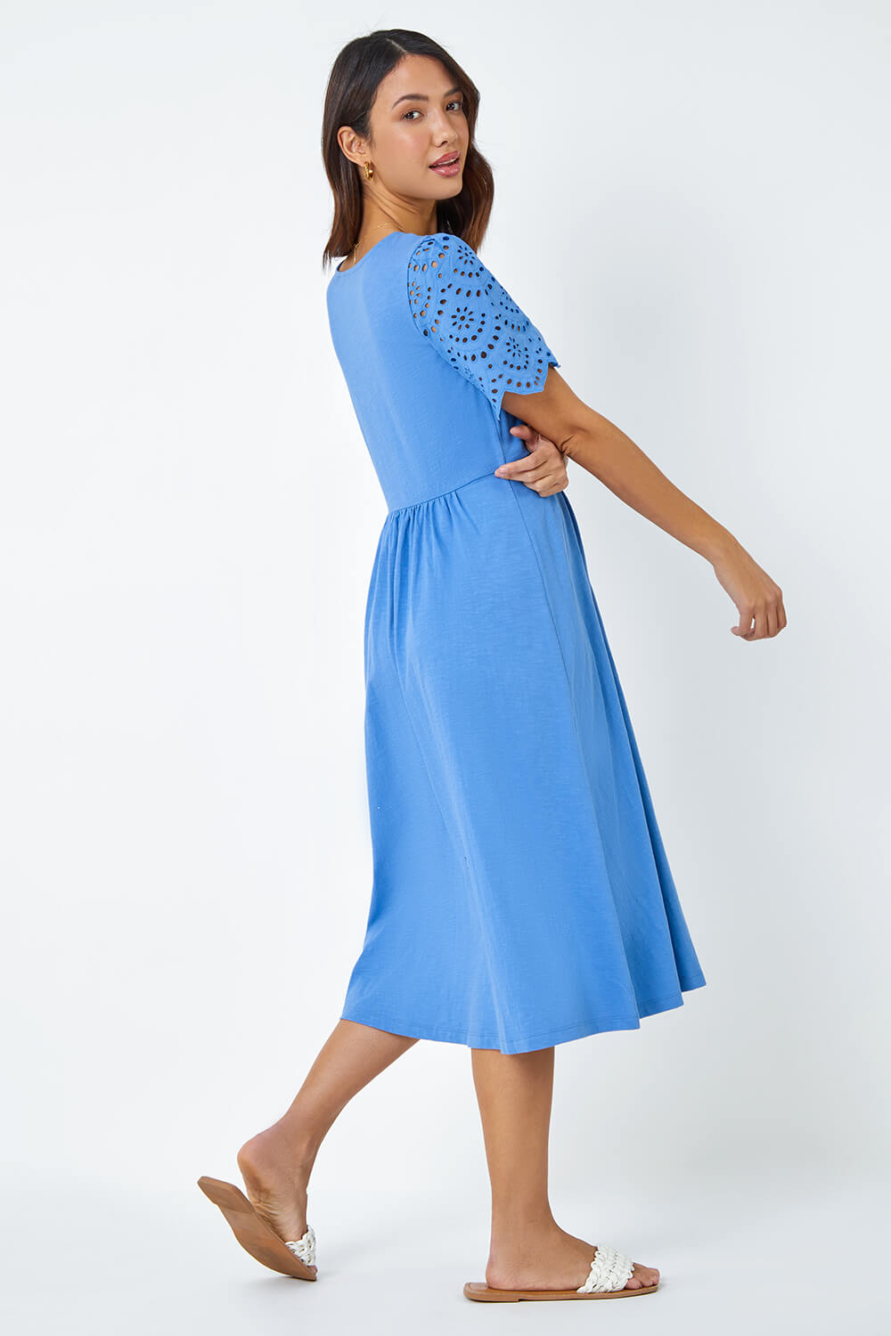Light Blue  Cotton Broderie Sleeve Midi Dress, Image 3 of 5