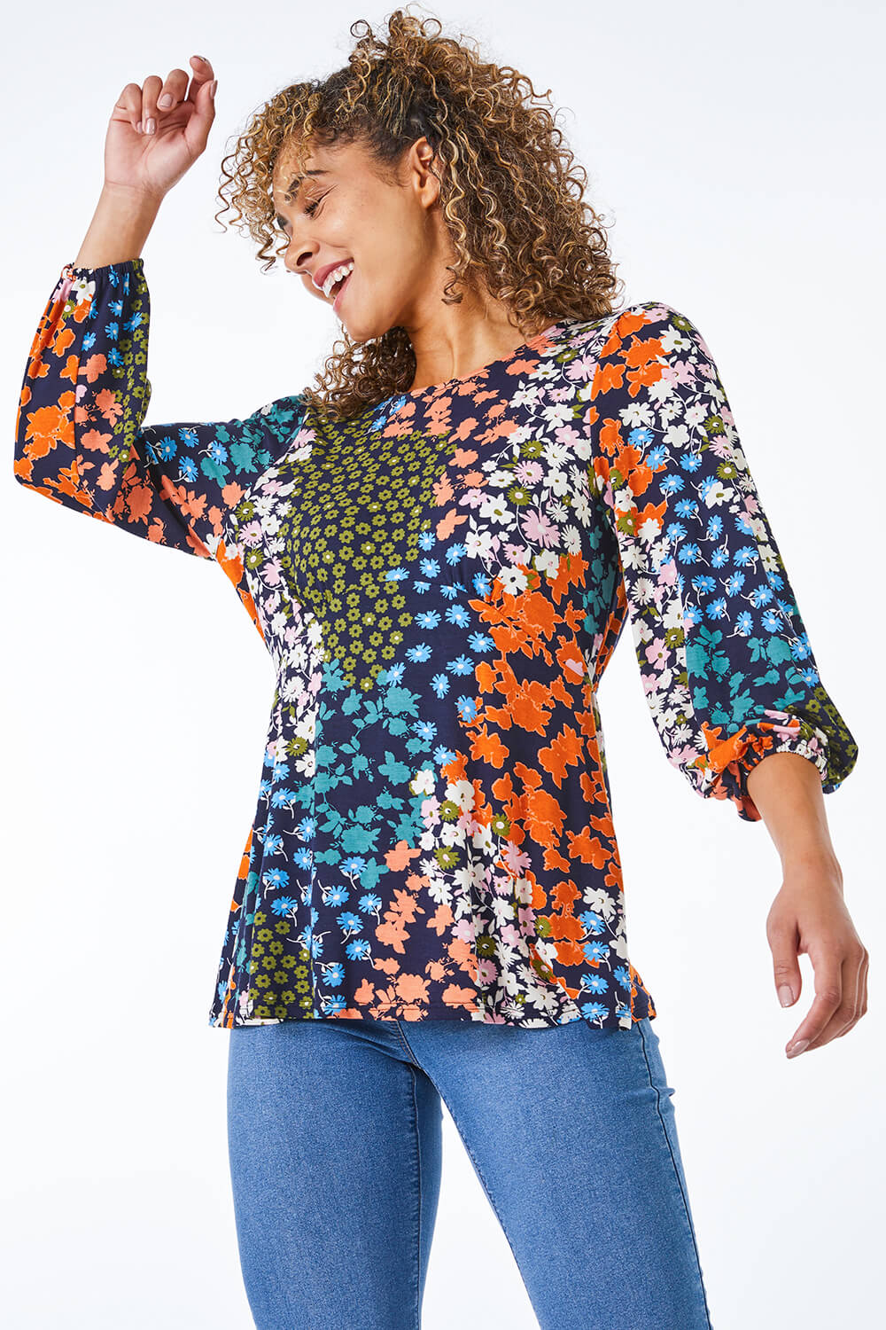KHAKI Petite Floral Puff Sleeve Top, Image 2 of 5
