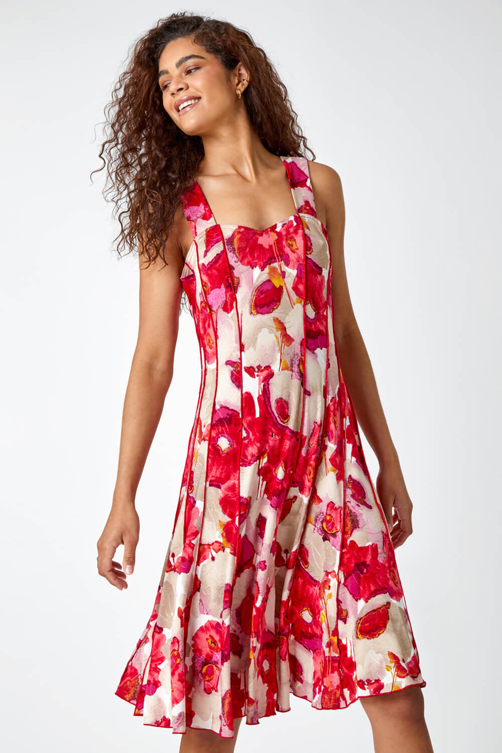 Red Floral Printed Panel Dress, Image 2 of 6