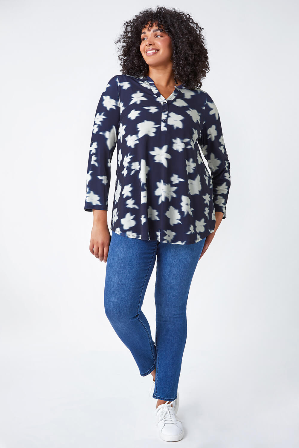 Navy  Curve Floral Stretch Jersey Top, Image 2 of 5