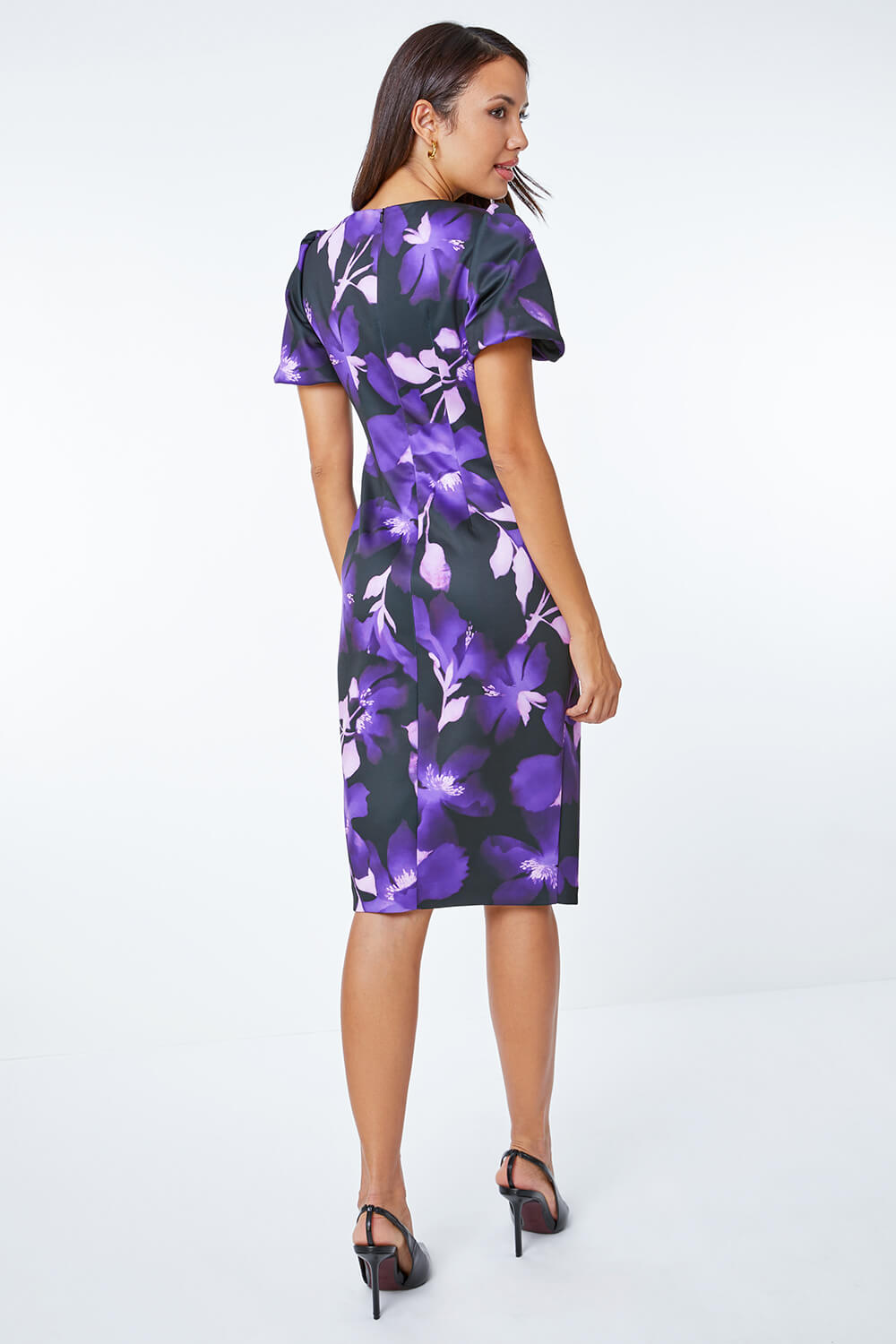 Purple Premium Stretch Floral Tie Waist Dress, Image 3 of 5