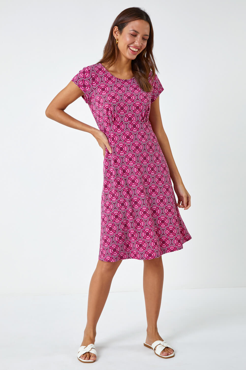 PINK Geo Print Textured Stretch Dress, Image 2 of 5