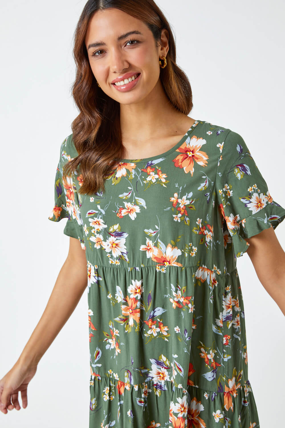 Olive Floral Frill Sleeve Tiered Smock Dress, Image 4 of 5