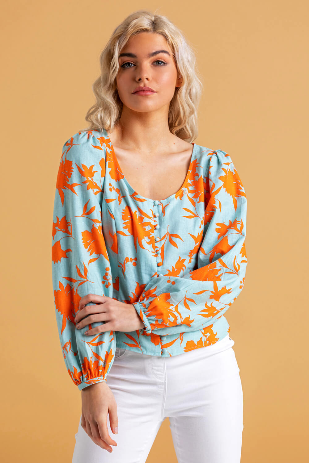 ORANGE Button Though Floral Print Blouse, Image 2 of 4