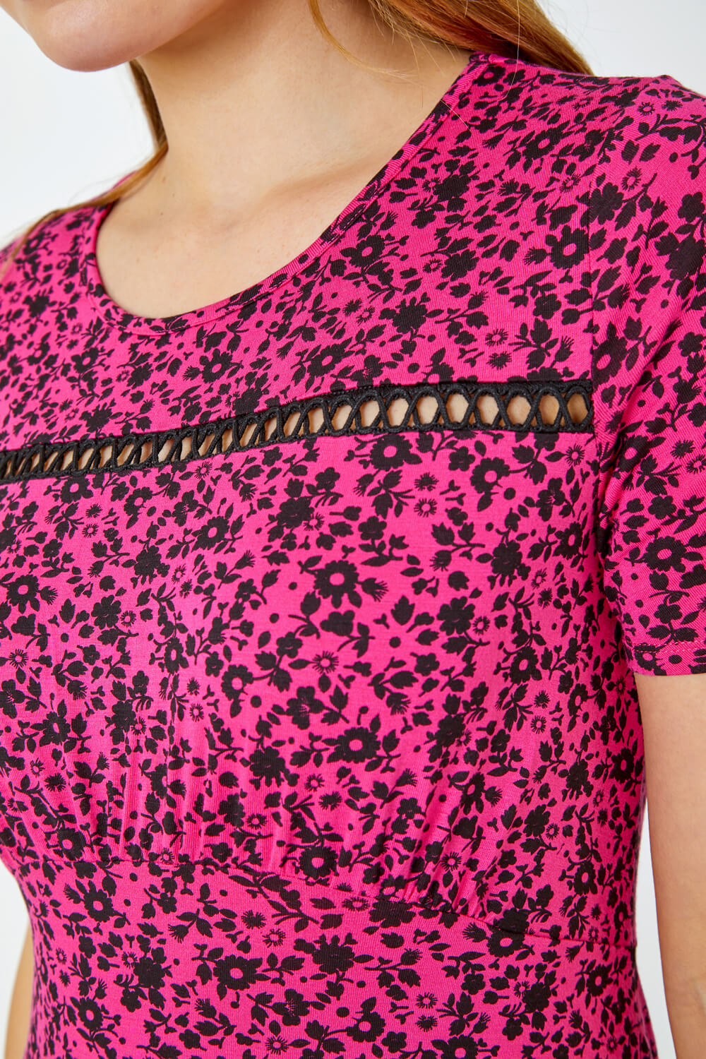 Fuchsia Floral Lace Detail Jersey Dress, Image 5 of 5