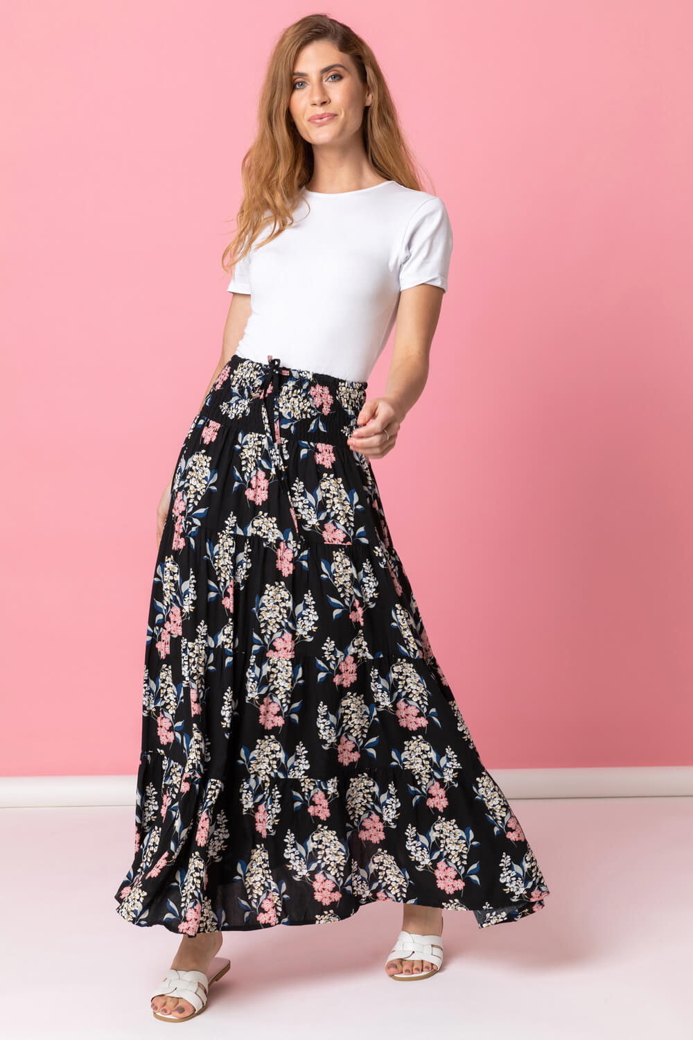 Black Floral Shirred Waist Maxi Skirt, Image 3 of 4