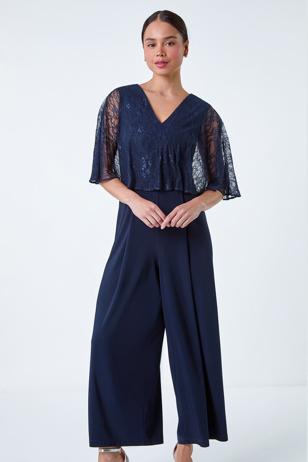 Navy  Petite Lace Overlay Wide Leg Jumpsuit, Image 3 of 5